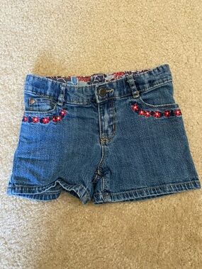 Vintage Osh Kosh Girls Blue Denim Shorts with Red Flower Trim